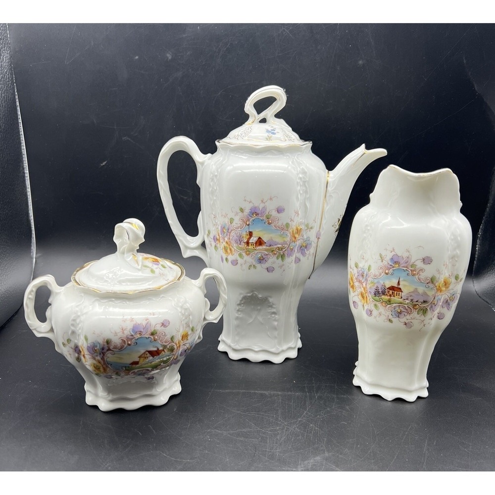 Antique German/Austrian Porcelain Chocolate Pot Set w Creamer & Sugar Bowl